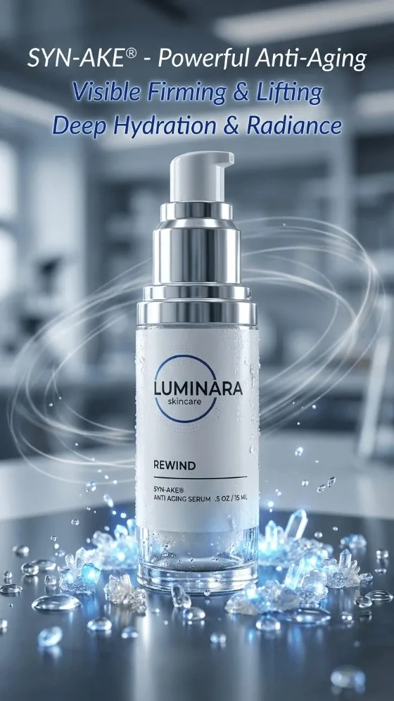Luminara Rewind Syn-Ake anti aging serum bottle laboratory
